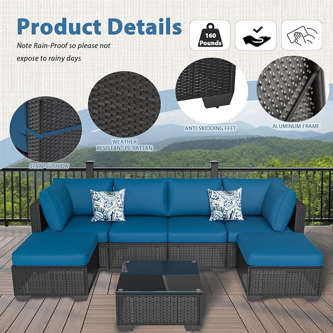 AECOJOY 7 Piece Outdoor Patio Furniture Set, Outdoor Sectional Conversation Furniture Chair with Coffee Table, Patio Sectional for Backyard, Garden(Peacock Blue Cushion and Black Ratta, with Cover)