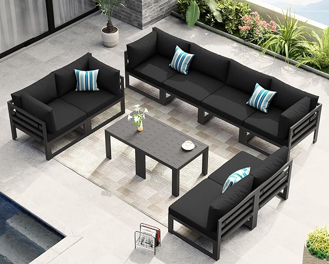 NICESOUL 10 Piece Large Luxury Aluminum Patio Conversation Set, 29" Deep Wide Comfortable Sitting, L Shaped Modular Sectional Couch, 500 lbs Heavy Duty All Weather Outdoor Sofa for Backyard, Black