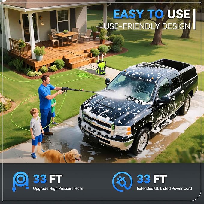 Electric Pressure Washer 5000PSI, Heavy Duty Power Washer, with 4 Nozzles,Foam Cannon,33FT Hose and 500ml Soap Bottle,Car Wash Machine/Car/Driveway/Patio Clean (Light Green)