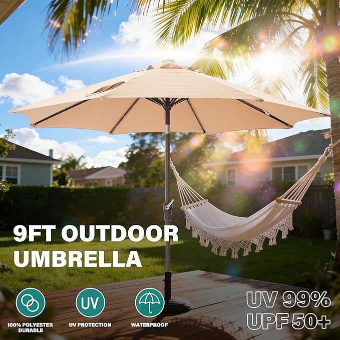 9FT Solar-Powered LED Patio Umbrella with Tilt Crank,Outdoor Market Umbrella with 32 Lights,Sunshade for Deck, Garden and Pool
