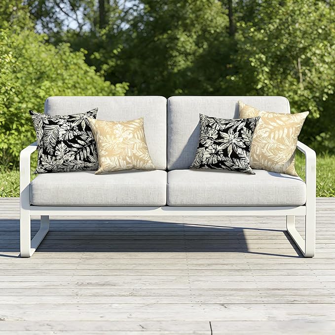 Outdoor Pillows with Insert 18x18 Inch, Waterproof Throw Pillow for Patio Furniture, Decorative Back Cushion for Garden Home Sofa Office Chair, Set of 2, Tropical Leaf Black