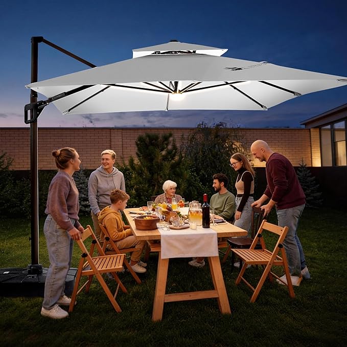 JZAC & QZYD 9x12 FT Outdoor Cantilever Patio Umbrella with Base Included and LED Lights, Large Heavy Duty 2-Tier Aluminum Offset Umbrellas with 360-Degree Rotation for Pool Deck, FogGrey