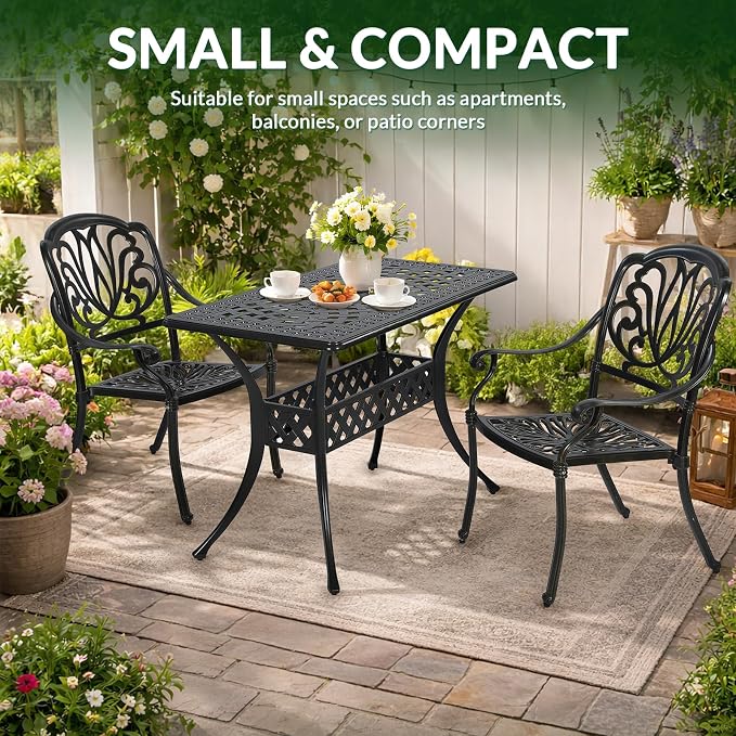 VIVIJASON 3 Piece Cast Aluminum Patio Bistro Set, Outdoor Dining Set with 42" x 24" Rectangular Table and 2 Armchairs, Rust Proof & Weather Resistant Furniture for Small Balcony, Porch, Garden, Deck
