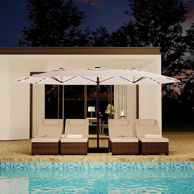 15FT Extra Large Double-Sided Patio Umbrella with Solar LED Lights – Heavy-Duty Rectangular Outdoor Market Umbrella, Fade-Resistant UV Canopy, Included Base for Backyard, Pool, Deck, Garden – Beige/Mist Blue
