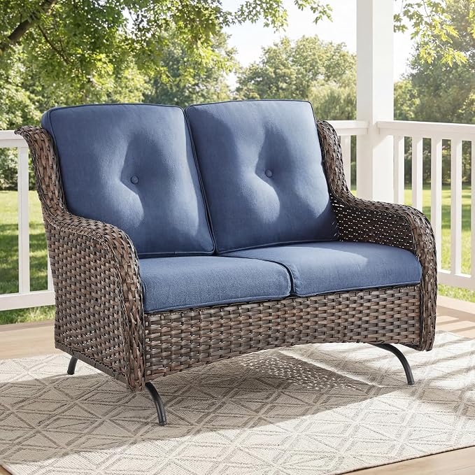 Patio Loveseat Sofa, Outdoor Wicker Loveseat with Luxury Thick Cushion, All-Weather Patio Furniture Set, Outdoor Glider Bench for Garden Balcony Backyard(Brown Wicker/Blue Cushion)