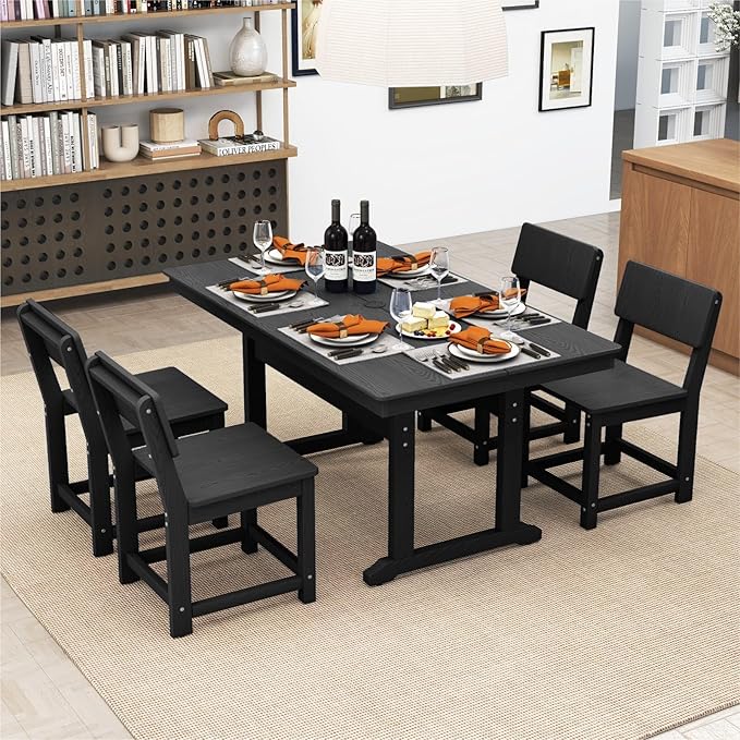 5-Piece HDPE Outdoor Patio Dining Set,Modern Plastic Dining Sets，Patio Table and Chairs Set with Umbrella Hole Cut-Out Table and 4 Chairs Black