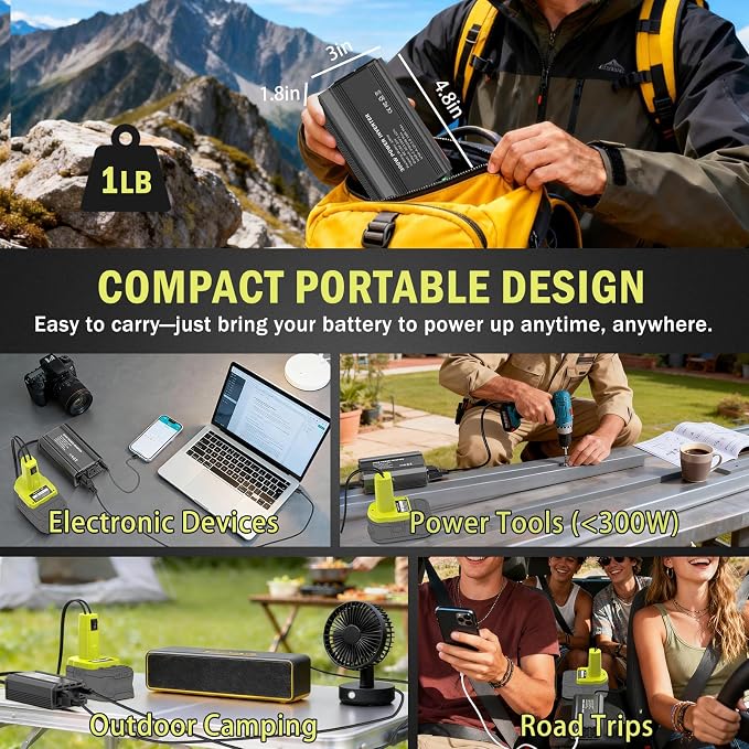 300W Power Inverter Compatible with Ryobi 18V Battery, DC 18V to AC 110V Battery Converter with PD 65W Type-C Fast Charging & 2 AC Outlets & 18W USB-A Port Portable Power Station for Camping