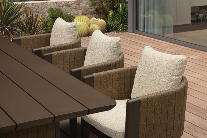 PURPLE LEAF Luxury 9-Piece Outdoor Dining Set for 8 Powder-Coated Aluminum Patio Table and Handwoven Olefin Rope Chairs with Cushions Modern Weather-Resistant Patio Furniture Bronze Sand Color