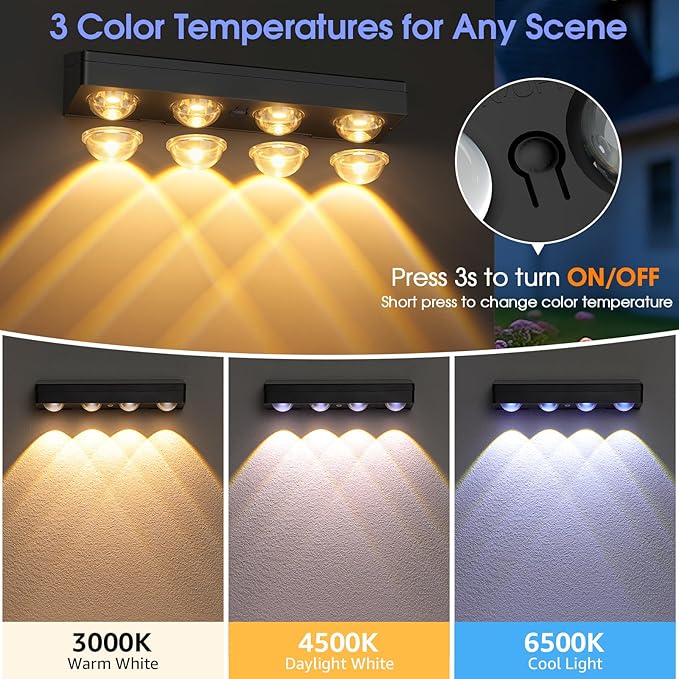 ShineTech Solar Fence Lights Outdoor Waterproof, 3-Color Lighting Modes LED Solar Powered Deck Lights, Outdoor Step Lights for Railing, Patio, Wall, Backyard (8 Packs)