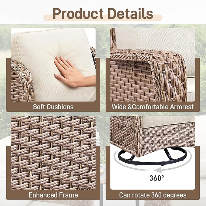 3 Piece Patio Furniture Set,Outdoor Wicker Swivel Chair Set with Side Table, All-Weather Cushioned Patio Conversation Set for Small Spaces, Porch, Balcony, Beige
