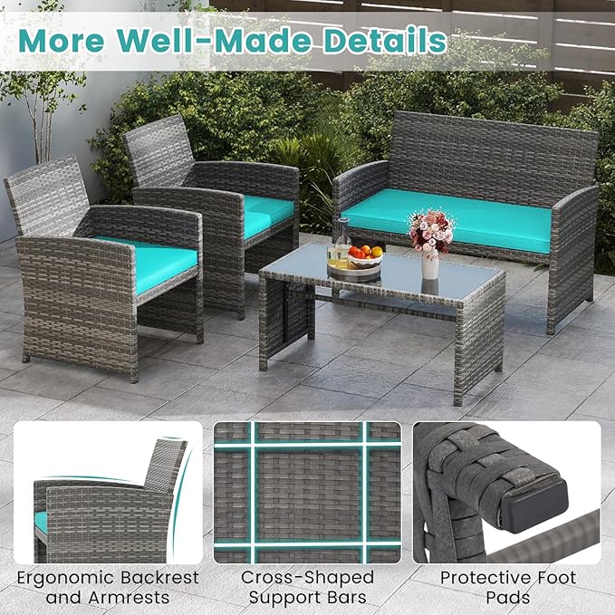Tangkula 8 Piece Patio Wicker Furniture Set, Outdoor Heavy Duty Rattan Cushioned Chairs, Loveseat and Tempered Glass Coffee Table, for Backyard, Balcony, Poolside