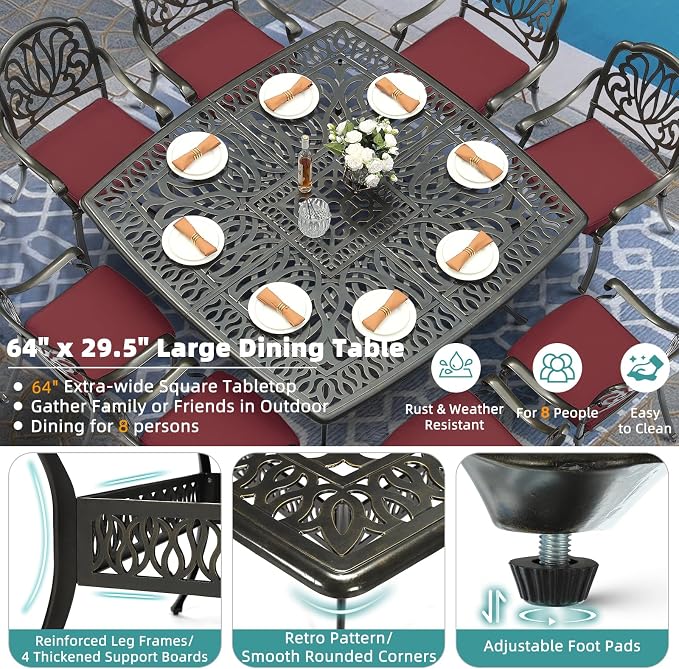 MEETWARM 9-Piece Outdoor Furniture Dining Set for 8, All Weather Cast Aluminum Patio Dining Set- Large 64" Square Table with Umbrella Hole and 8 Cushioned Chairs, Patio Table and Chairs Set, Red