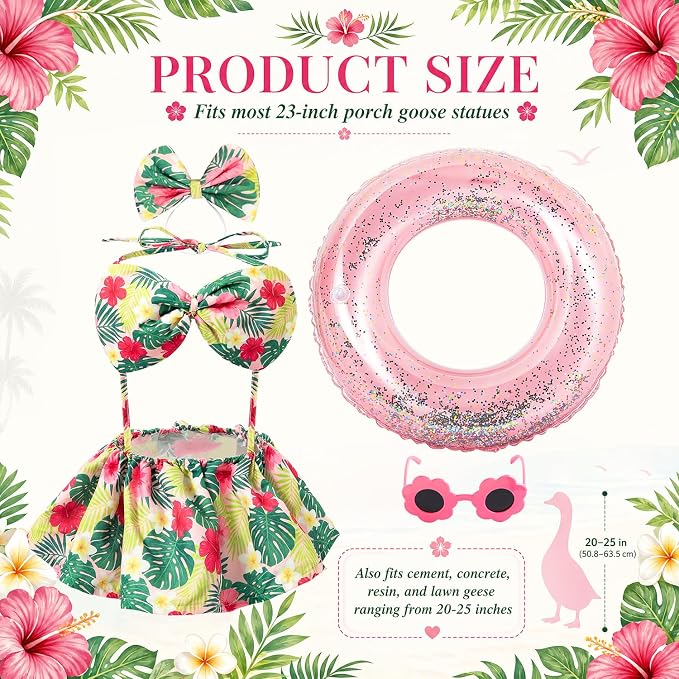 Summer Porch Goose Outfit with Sunglasses and Swim Ring for 23" Goose Statue Hawaiian Bikini Goose Outfits Porch Goose Clothes Costume for Garden Lawn Yard Decor(Hawaiian Flowers)