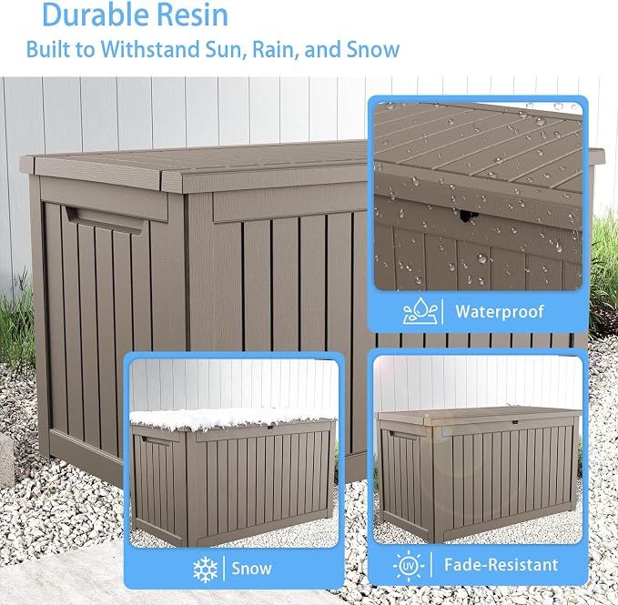 Pepe Tee Waterproof Resin Deck Box, Outdoor Storage Bin for Patio Furniture Cushions, All-Weather Garden Organizer & Seating Bench, Coffee