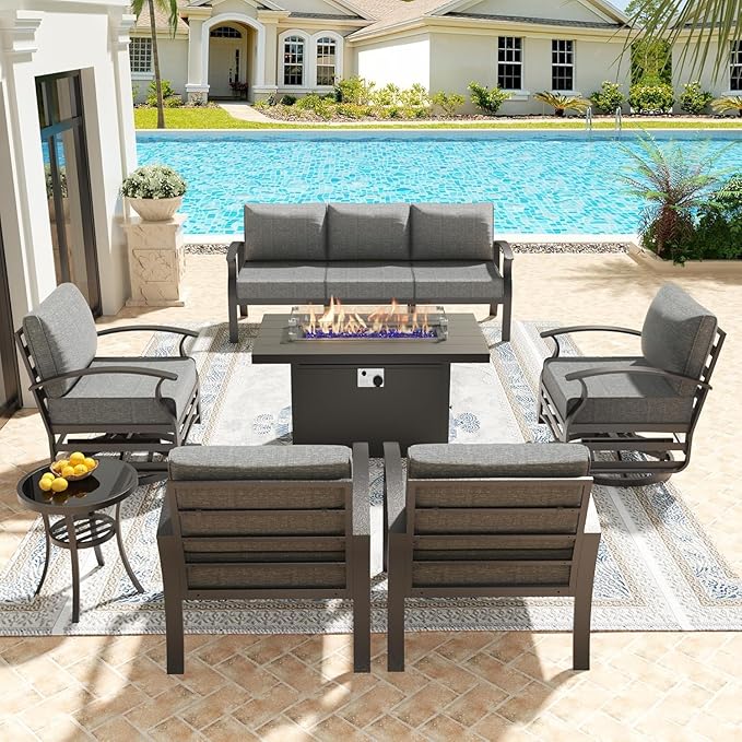 Kullavik Aluminum Patio Furniture Set,7 Pieces 7 Seat Metal Outdoor Furniture Conversation Set w/45 Propane Gas Fire Pit,Swivel Rocking Chairs Set,Grey