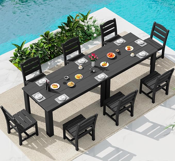 SERWALL 59" Outdoor Dining Set for 8, HDPE Dining Set, Black | Include 2 Rectangular Tables and 8 armless Chairs, All Weather Dining Sets for Garden, Backyard
