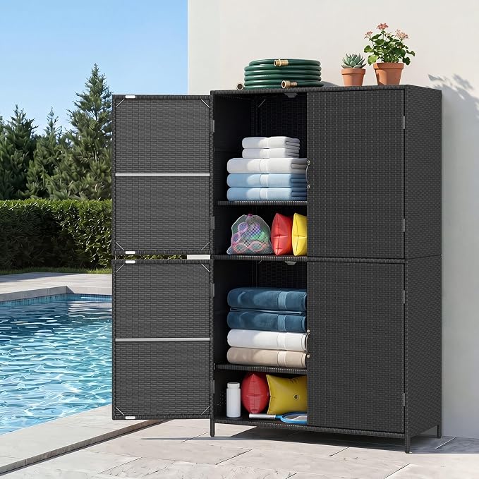 Tangkula Rattan Outdoor Storage Cabinet, Patiojoy Outdoor Cabinet with 2 Adjustable Shelves, 4 Doors, Patio Storage Deck Box Table for Patio Garden Poolside
