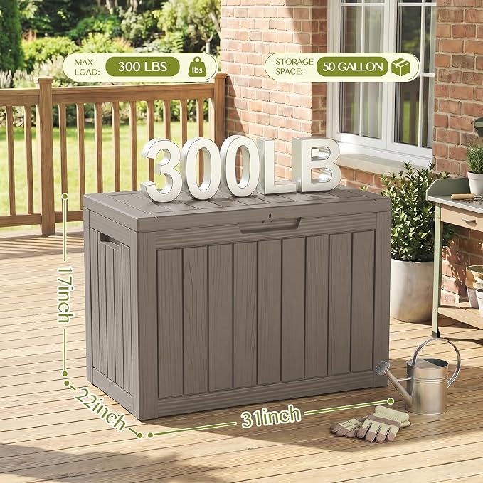 Waterproof Outdoor Storage Box Outside Deck Box Lockable Resin Bench UV Resistant Furniture Cushion Pool Tool Float Bin Patio Garden Porch (Grey, 50 Gallon)