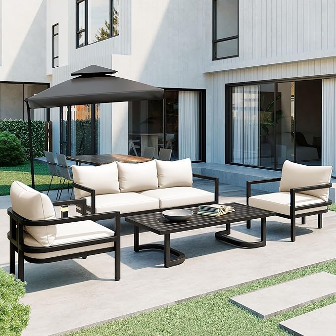 LUMISOL Aluminum Outdoor Patio Sectional Sofa Set, 4-Piece Modern Conversation Set with Coffee Table & Upgrade Cushions, 5-Seat All-Weather Outdoor Sectional Sofa for Backyard, Poolside (Beige)