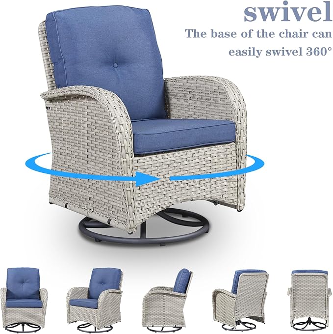 Belord Patio Wicker Chairs Swivel Rocker - Outdoor Swivel Rocking Chairs Set of 2 with Rattan Side Table,3 Piece Patio Swivel Glider Chair Furniture Sets for Patio Porch Pool Light Beige/Blue