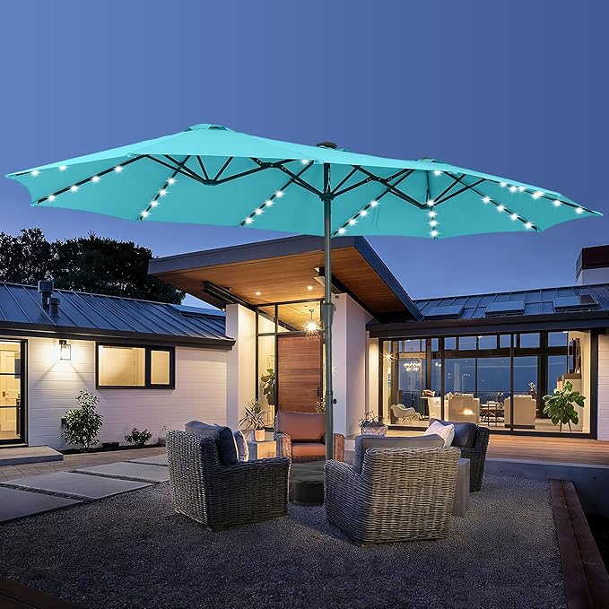 15 ft Patio Umbrella with 48 LED Lights, Large Rectangle Outdoor Solar Umbrella with Matching Base, Strap, Crank, Blue