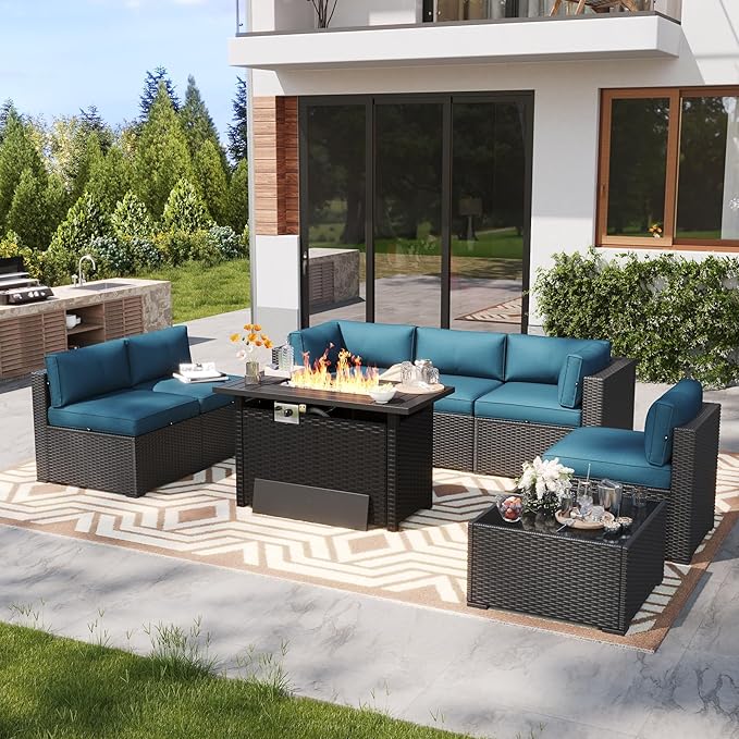 LazySunsets 8 Piece Outdoor Patio Furniture Set with 44'' Fire Pit Table, Outdoor Patio Furniture Set with Waterproof Cover, Wicker Rattan Outdoor Conversation Set for Backyard & Garden, Peacock Blue