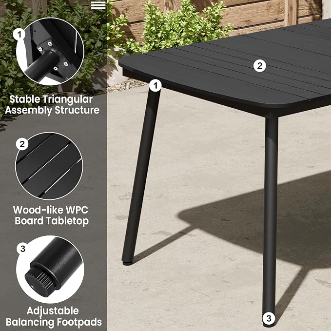 70" Outdoor Dining Table for 6, Black Patio Table | 1.6" Umbrella Hole Rectangle Table with Aluminum Frame and Waterproof Wood Grain Tabletop for Lawn Backyard Garden Poolside