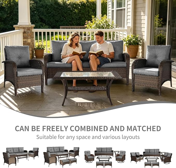 Outdoor Swivel Rocker Patio Chairs (Brown Wicker/Grey Cushion, 4PC/Sofa & Chair &Coffee Table)