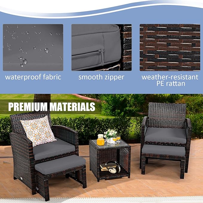 Tangkula 5 Pieces Wicker Patio Conversation Set, PE Rattan Outdoor Chairs & Ottomans Set with Single-Door Storage Coffee Table, Space-Saving Patio Furniture for Poolside, Backyard, Lawn, Deck (Grey)