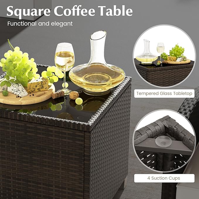 COSTWAY 5-Piece Rattan Conversation Set, Outdoor Sofa, Tempered Glass Coffee Table & Ottomans for Small Space, Boho Chic Indoor/Outdoor Furniture for Patio, Living Room & Apartment (Beige)