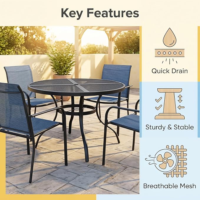 Round Patio Dining Table for 6, 47 Inch, Black Electroplated Steel, with Umbrella Hole, for Backyard, Porch, Deck