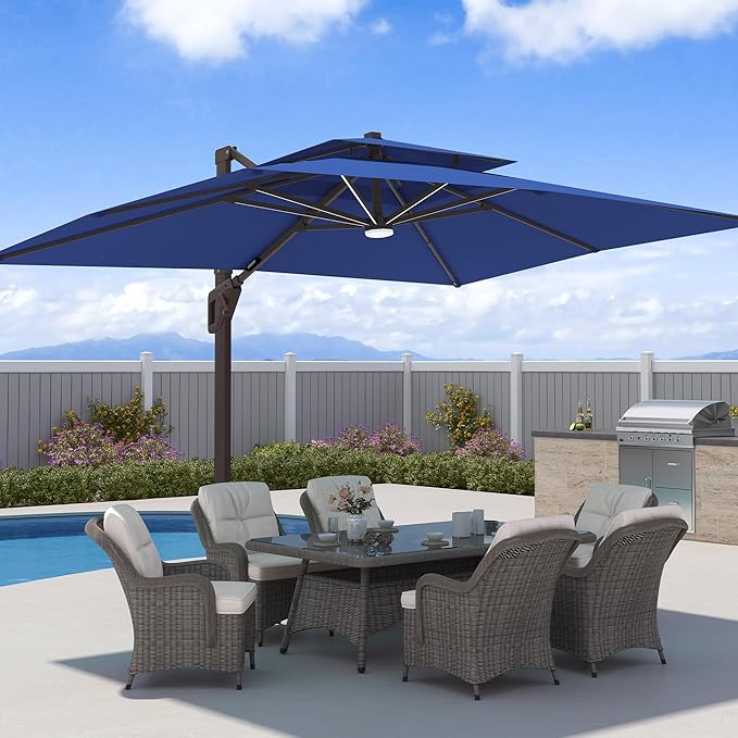 10x13 FT Patio Umbrella with LED Lights Cantilever Outdoor Large Heavy Duty Rectangle Aluminum Offset Umbrellas Double Top 360 Rotation 7 Tilt Adjustment for Pool Deck Garden, Navy