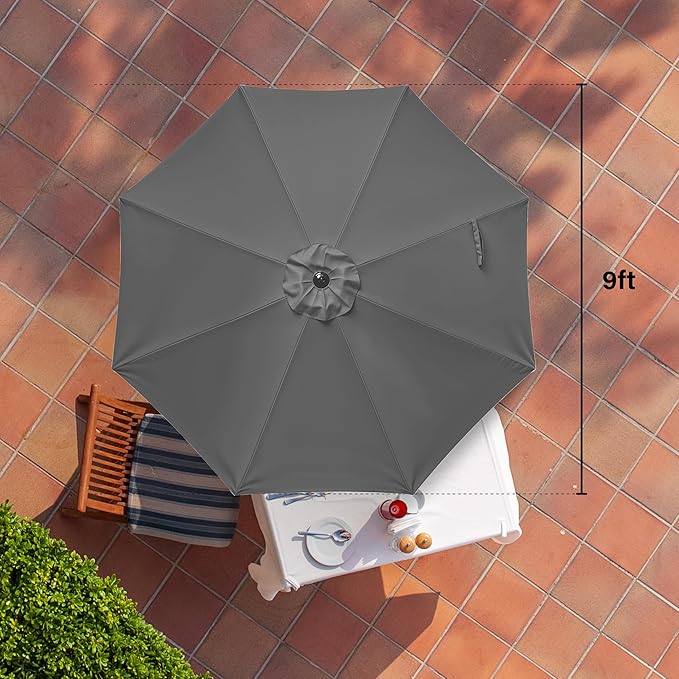 HealSmart 9' Patio Table Umbrella with Button Tilt, 8 Sturdy Ribs, 50lbs Base Stand Included, for Garden, Backyard, Deck, Pool, Gray