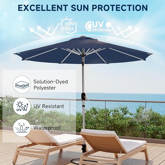 10FT Aluminum Outdoor Patio Umbrella, Fade-Resistant Market Umbrella with Push Button Tilt Function, 8 Sturdy All-Aluminum Ribs for Gardens, Patios, Backyards & Pools
