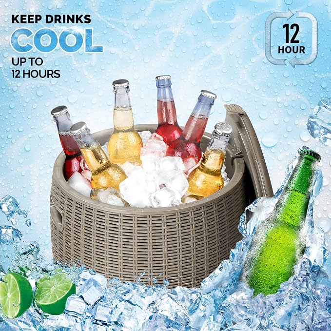 9.5 Gallon Cooler Side Table, Portable Ice Chest with Built-in Handle, Multifunctional Ice Cooler Outdoor Cocktail Side Table w/Lid & Drain for Camping, Picnic, Beach, Pool, Party