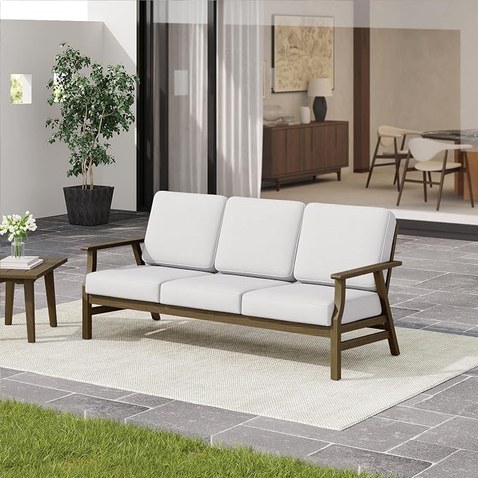 3 Pieces Patio Furniture Sets, Teak Wood Outdoor Sectional Furniture with Coffee Table, 5 Seats Patio Sofa Couch Conversation Set for Backyard Deck - Beige