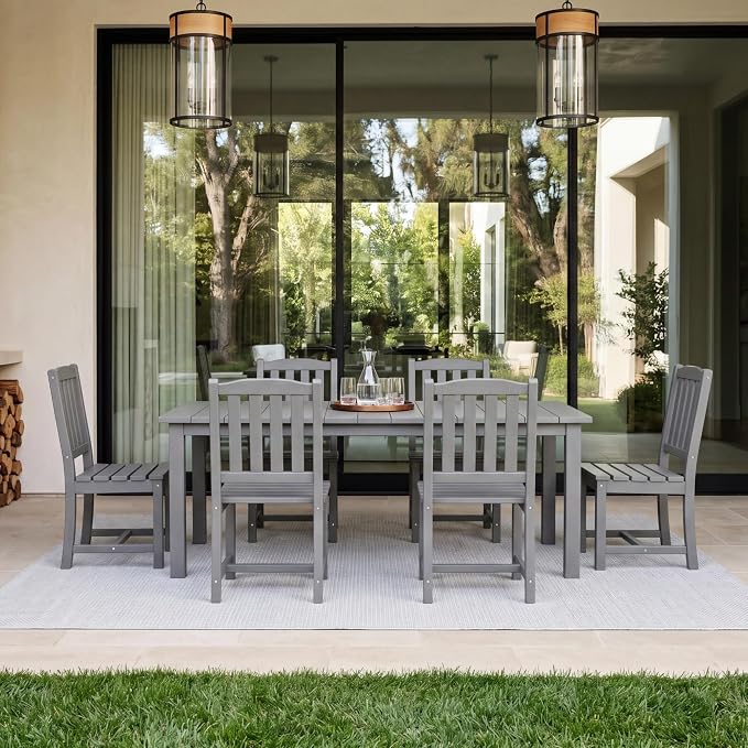 Perli™ 7-Piece Outdoor Dining Set, All-Weather HDPE Patio Table and 6 Chairs with Umbrella Hole, UV-Resistant Composite Wood Dining Furniture for Deck, Backyard, Poolside, Grey