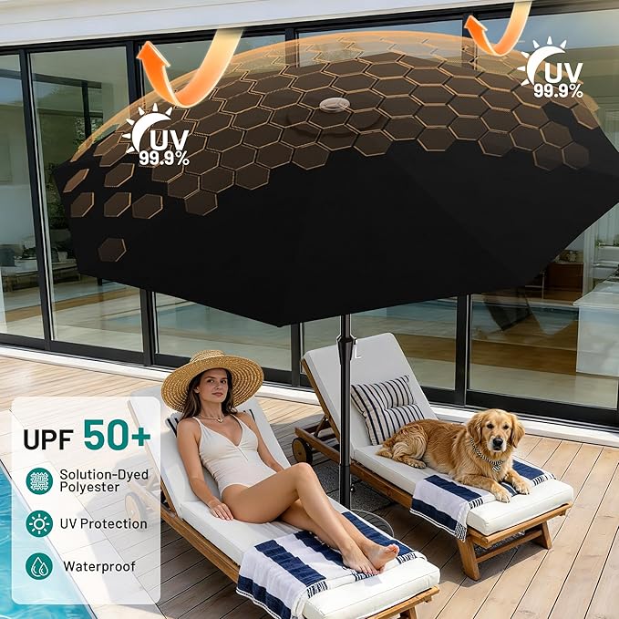 AreShark 10 FT Outdoor Patio Umbrella, Patio Table Umbrella with Push Button Tilt and Crank, Outdoor Patio Umbrellas with 8 Fiberglass Ribs, Patio Umbrellas for Market, Garden, Pool (Black)