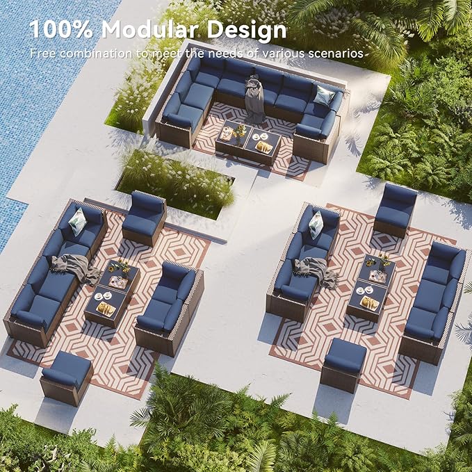 LazySunsets 10 Piece Outdoor Patio Furniture Set with Coffee Table, Outdoor Patio Furniture Sets with Waterproof Cover and Thicken Cushion, Wicker Rattan Outdoor Conversation Set for Backyard, Blue
