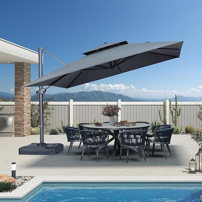 PURPLE LEAF 12 FT Cantilever Umbrella Outdoor Patio Umbrella, Large Offset Square Umbrella, Windproof Heavy Duty Hanging Outside for Patio, Mist Grey