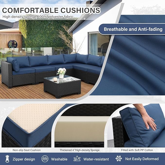 Valita 7 Pieces Outdoor Wicker Furniture Conversation Set Patio Sectional Sofa Set Glass Table with Non-Slip Cushions Furniture Cover, Navy Blue