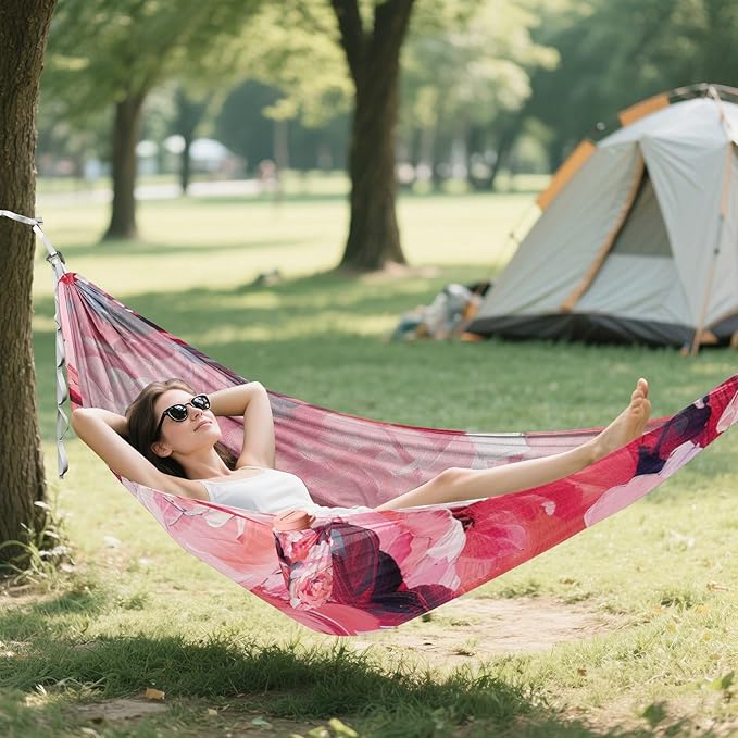 Bohemian Vintage Pink Flowers 330lb Capacity Camping Hammock Tree Hammock for Patio Backyard Lounge Base Base de hamaca para adultos