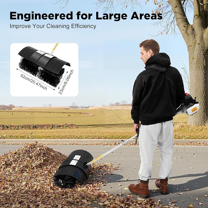 Walk-Behind Lawn Mowers 52cc, 2-Stroke 2.3HP Engine Power Snow Sweeping Broom, 20.47in Wide Turf Lawns Artificial Grass Power Brush Lawn Sweeper Cleaner Tools