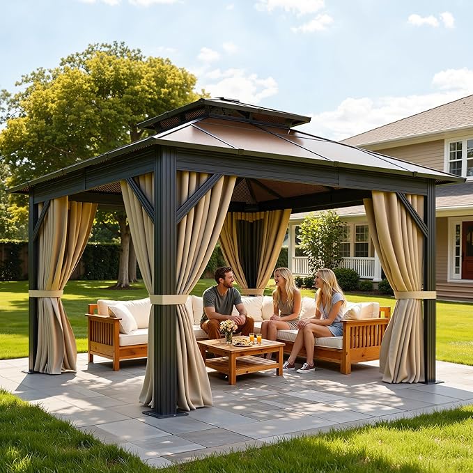 YITAHOME 10X10FT Polycarbonate Gazebo Outdoor Patio Double Top Canopy Galvanized Iron Aluminum Column Garden Tent Curtains Netting for Backyards Decks Lawns,Brown
