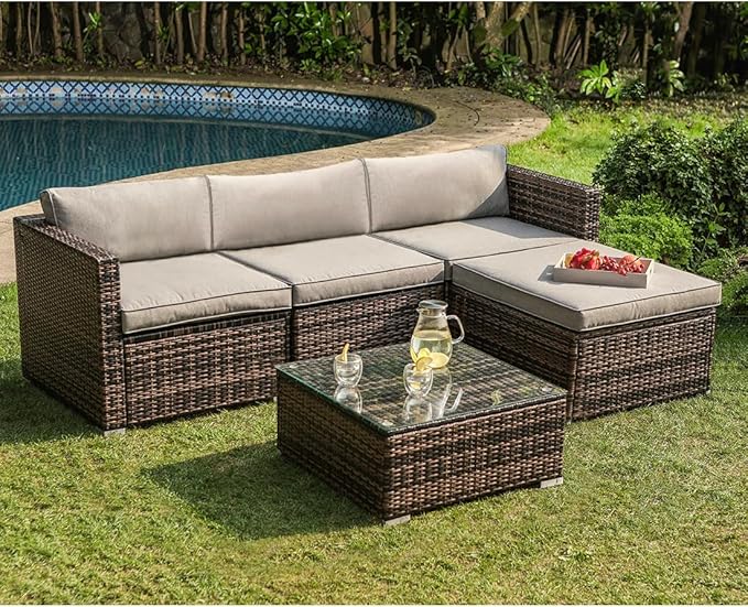 COSIEST 5-Piece Outdoor Furniture All-Weather Mottlewood Brown Wicker Sectional Sofa w Warm Gray Thick Cushions, Glass-Top Coffee Table, Patio