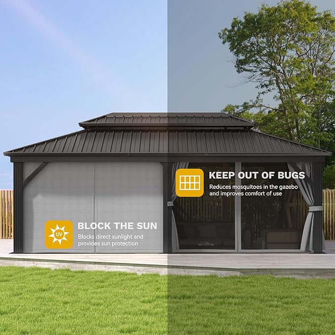 DWVO 12x20ft Hardtop Gazebo Double Roof with Nettings and Curtains, Heavy Duty Galvanized Steel Outdoor Vertical Stripes Roof for Patio, Backyard, Deck, Lawns, Gray