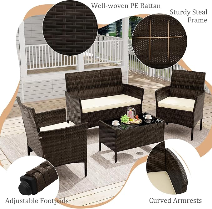 4 Piece Patio Furniture Set, Sectional Conversation Sofa Set with Glass Coffee Table, Cushions & Loveseat, Wicker Outdoor Table and Chairs for Pool, Garden, Deck, Backyard (2, Beige)