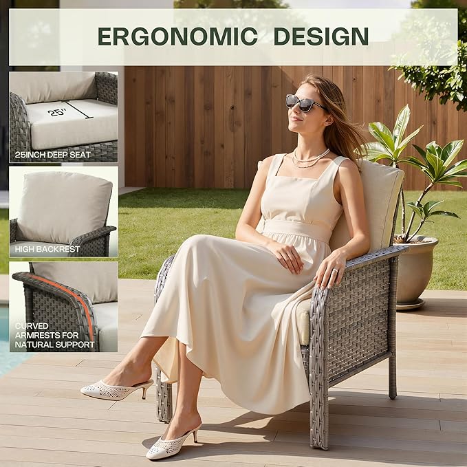 4-Piece Patio Furniture Set, Outdoor Wicker Furniture with Coffee Table, All Weather High Back Loveseat Patio Chairs, Modern Rattan Outdoor Chairs Conversation Set for Porch, Balcony, Garden,Beige