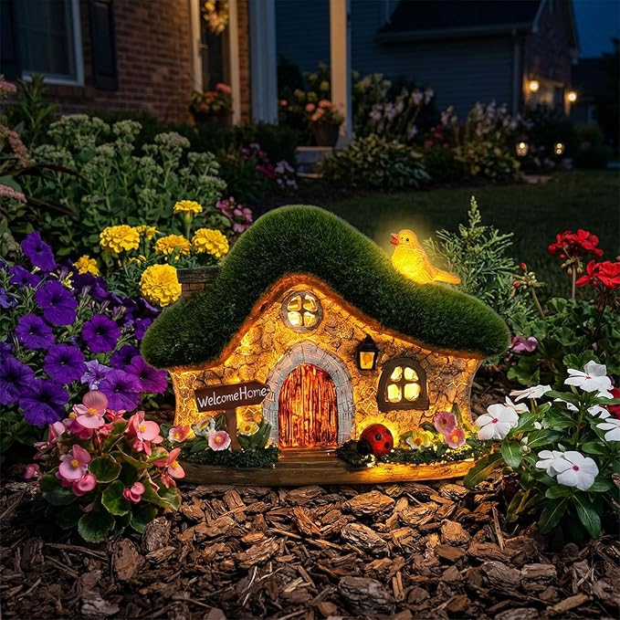 Resin Fairy House Statues with Solar Lights Outdoor for Garden Decor Funny Birds Ladybird Flocked Fairy House with Garden Figurine Patio Yard Lawn Decorations Gift for Mom Women (Green)
