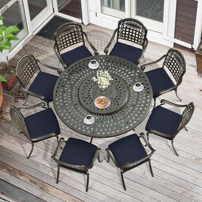 MEETWARM 9-Piece Outdoor Furniture Dining Set, All Weather Cast Aluminum Patio Garden Set with 8 Cushioned Chairs, 61" Round Patio Dining Table with Detachable Lazy Susan, 2" Umbrella Hole, Navy Blue